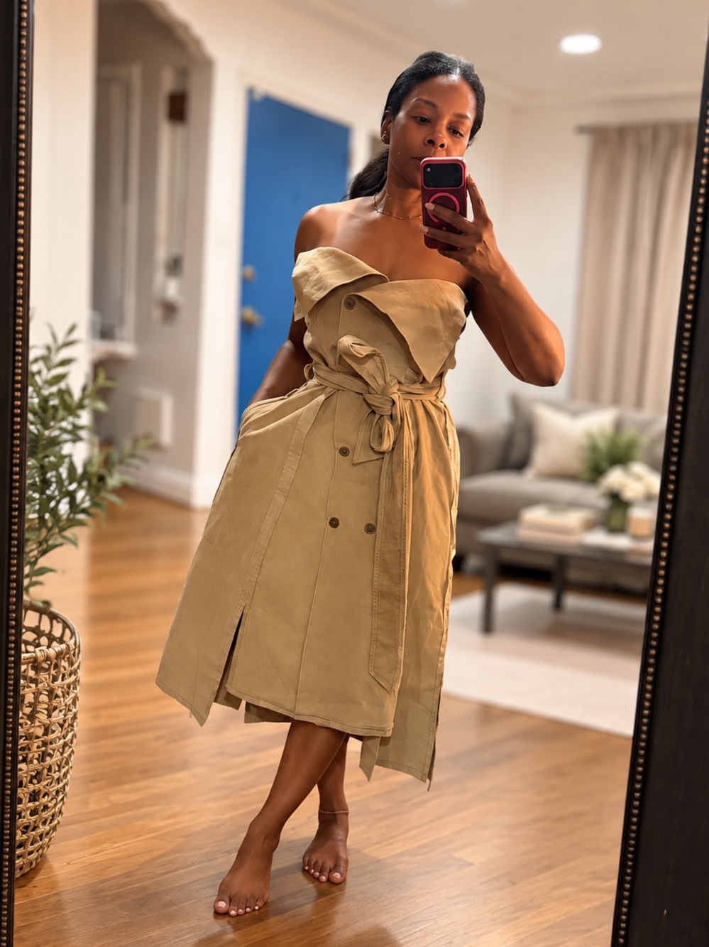 Making the Cut Strapless Trench Coat Dress Tan Corduroy Belted Midi Size M